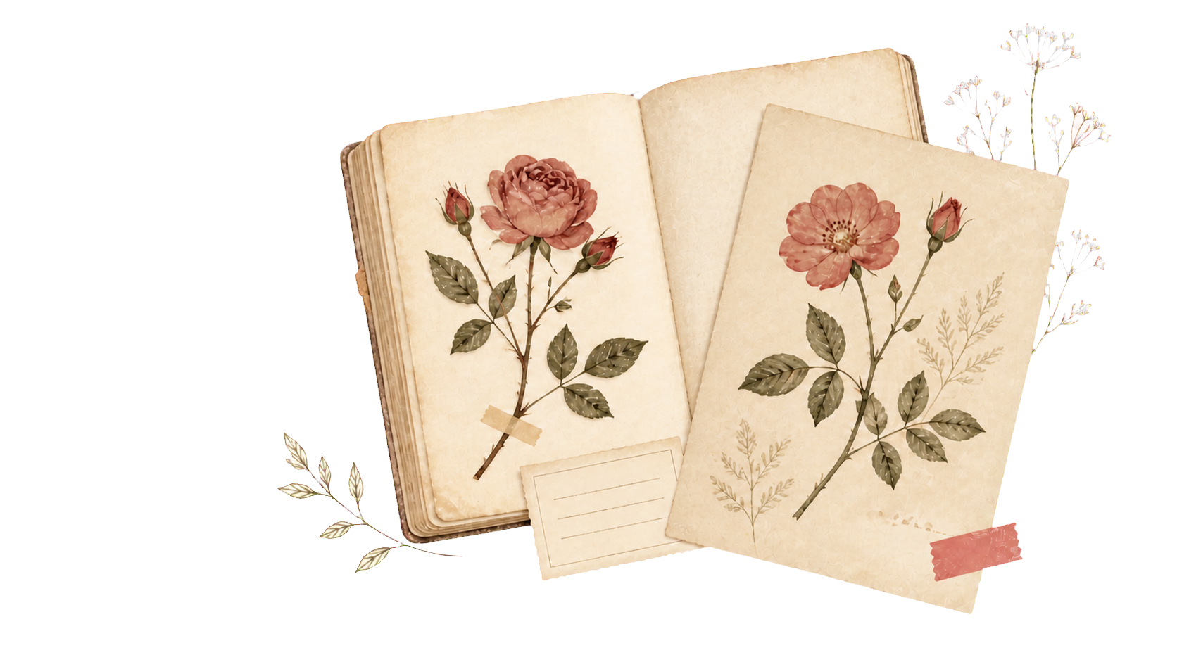 An archival flower folio with pressed roses and a botanical plate